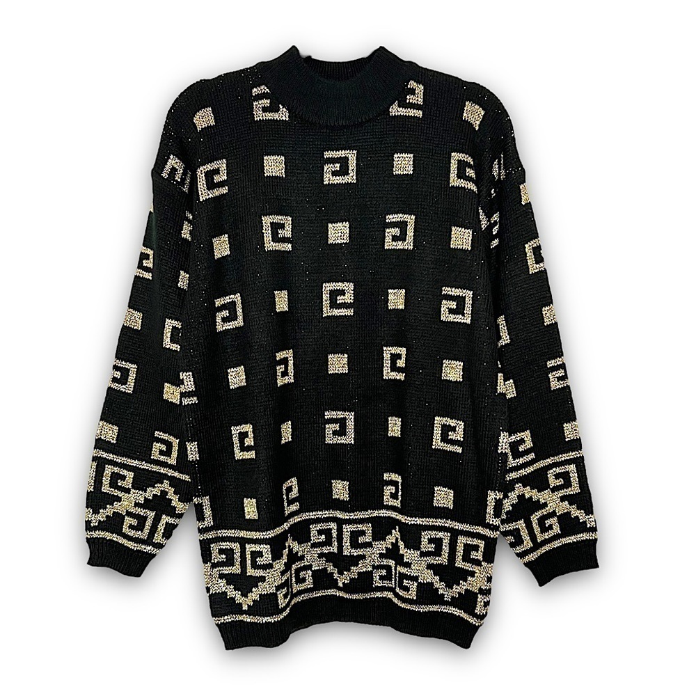 VINTAGE 80s Art Deco Gold Geometric Knit‎ Sweater Mockneck Oversized Pullover M
